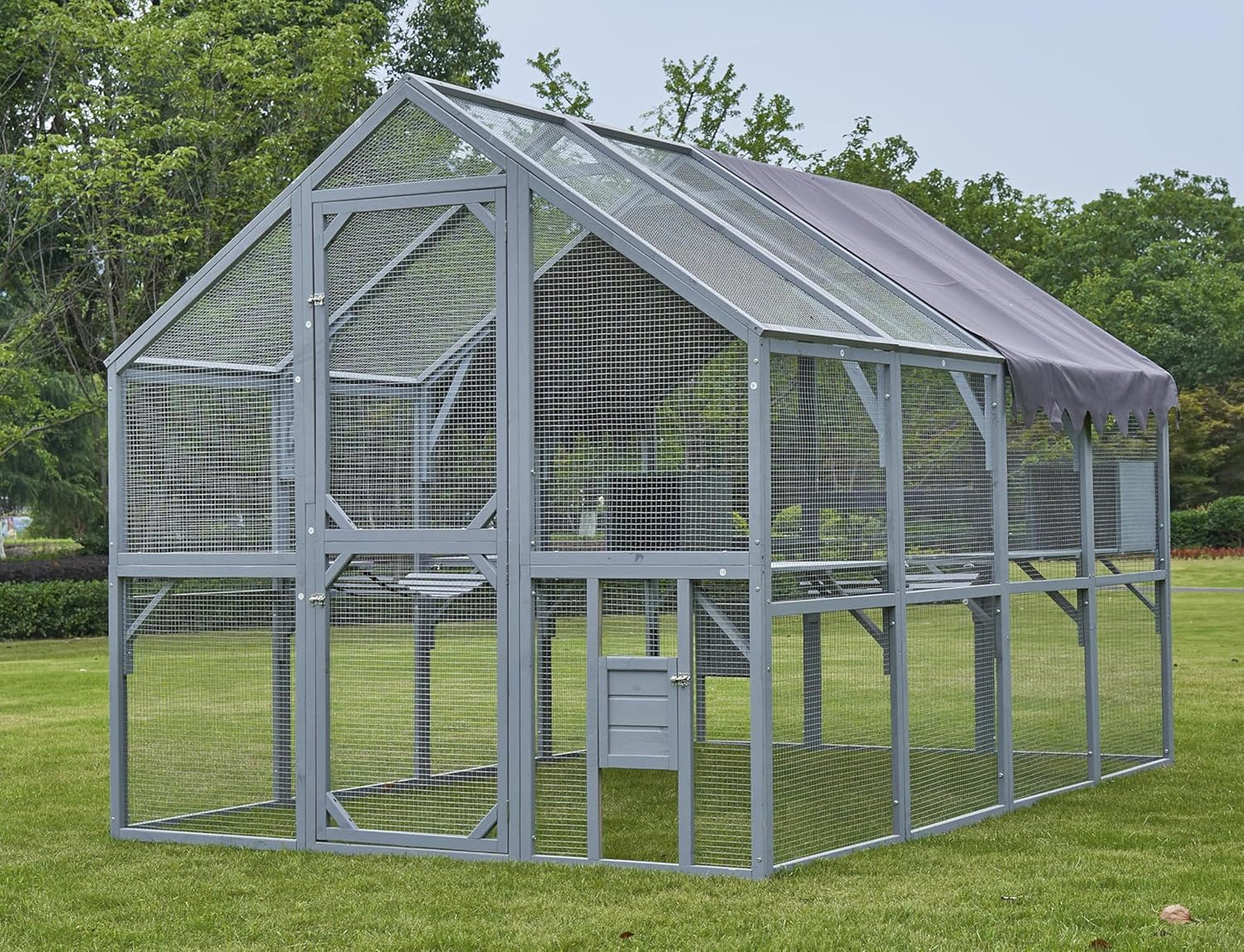 110" Large Outdoor Cat House Catio, Wooden Cat Enclosure for Multiple Cats with Platforms, Resting Box and Bridges, Feral Cat Shelter Kitten Playpen w/Waterproof & UV Proof Canopy, Grey