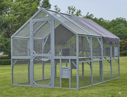 110" Large Outdoor Cat House Catio, Wooden Cat Enclosure for Multiple Cats with Platforms, Resting Box and Bridges, Feral Cat Shelter Kitten Playpen w/Waterproof & UV Proof Canopy, Grey