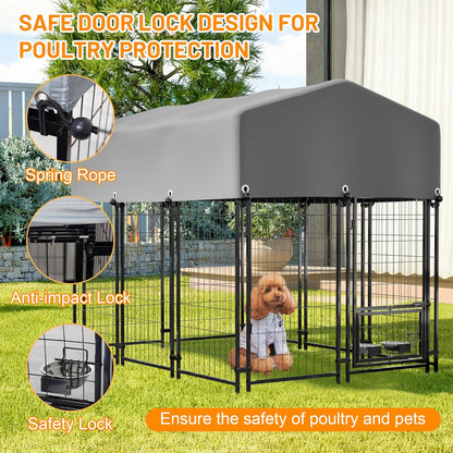 Dog Crate Furniture, Dogs Cage House Kennel - 4.23'x5.82'x4.83' Welded Wire Enclosure, Heavy Duty Dog Crate with UV-Resistant Waterproof Cover, Double Lock & Rotating Feeder,1.8x1.3x1.5mGrey-Met