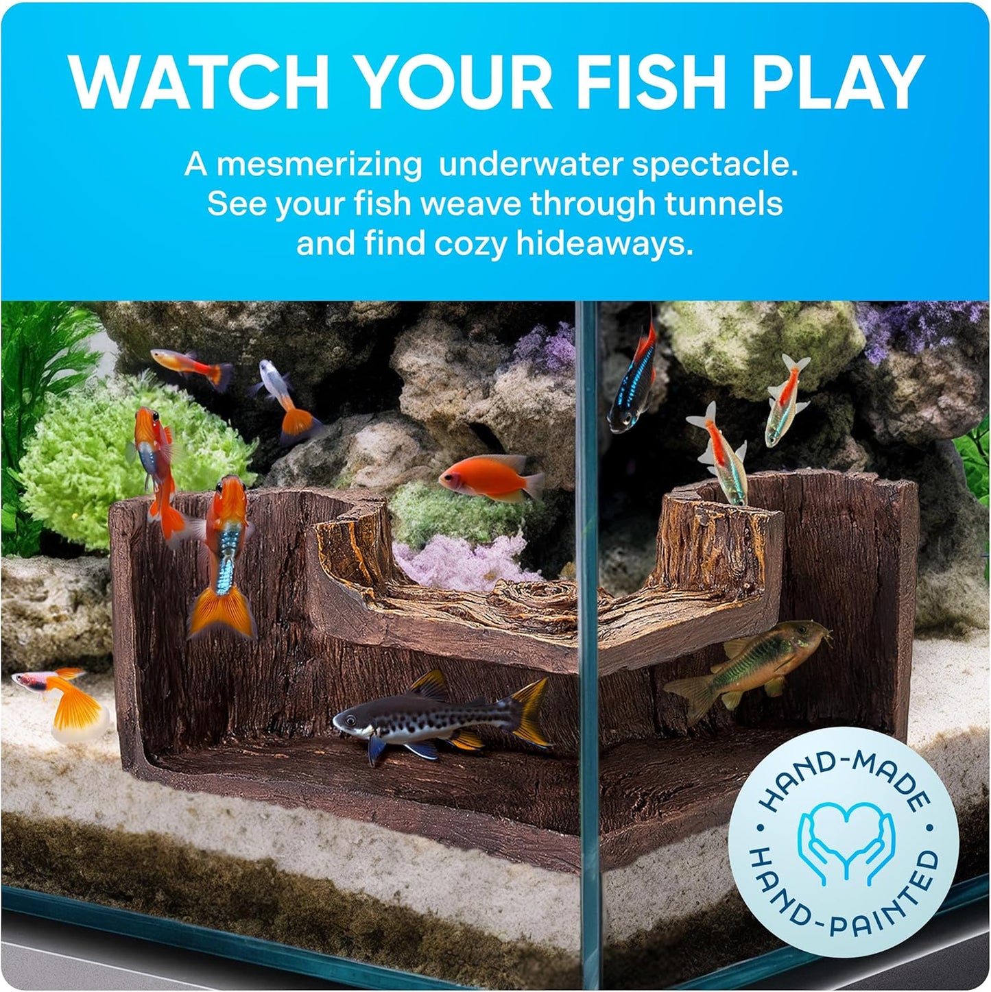 FISHNOSH Aquarium Cave | Natural-Looking Wood-Like BPA-Free Fish Tank Cave for Corners | 5.1” x 2” x 2.7” Fish Hideout for Aquarium | Guppy, Neon Tetra, Corydoras Catfish, Betta Hide | Tank Decor