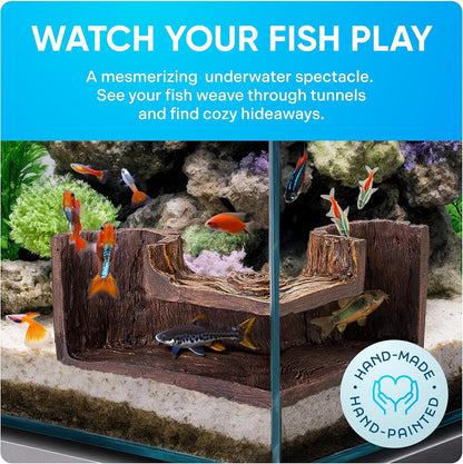 FISHNOSH Aquarium Cave | Natural-Looking Wood-Like BPA-Free Fish Tank Cave for Corners | 5.1” x 2” x 2.7” Fish Hideout for Aquarium | Guppy, Neon Tetra, Corydoras Catfish, Betta Hide | Tank Decor