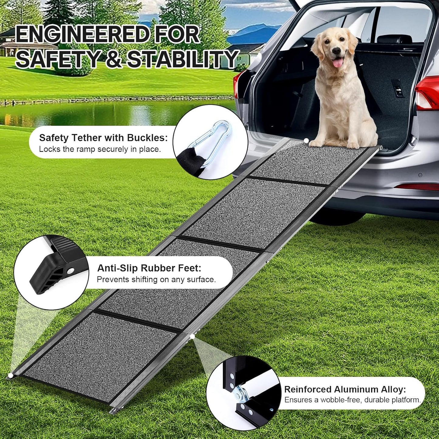 𝟕𝟏'' & 𝟐𝟎" Wide Dog Ramp for Large Dogs, Holds 250LBS & Gentle Slope for Joint Care - Dog Car Ramp with Upgrade Non-Slip Surface - Portable Folding Pet Ramps for Senior Pets Enter into SUV, Truck