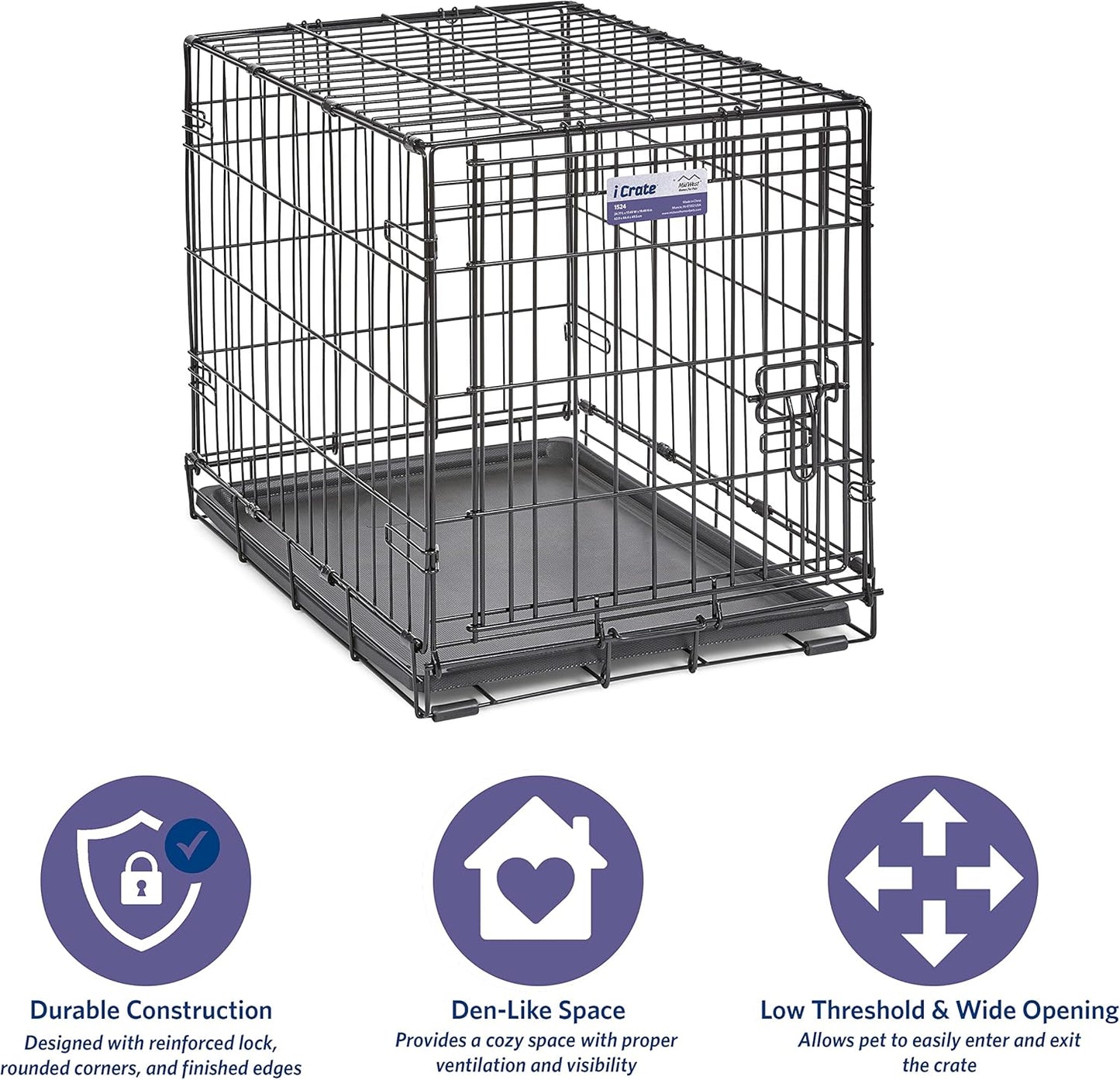 MidWest Homes for Pets 24-Inch iCrate Folding Dog Crate with Divider Panel, Leak-Proof Tray & Secure Latches – Metal Wire Kennel for Small Breeds – Portable, Durable & Easy to Assemble