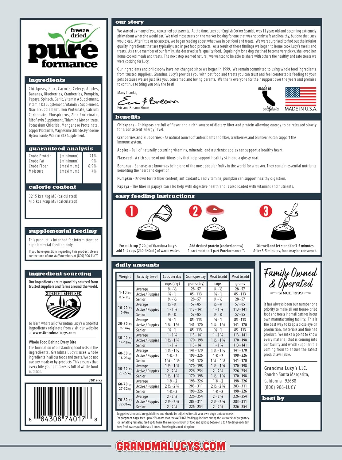 Grandma Lucy's PUREformance Pre-Mix Dog Food, Grain Free and Freeze-Dried - 8Lb Bag