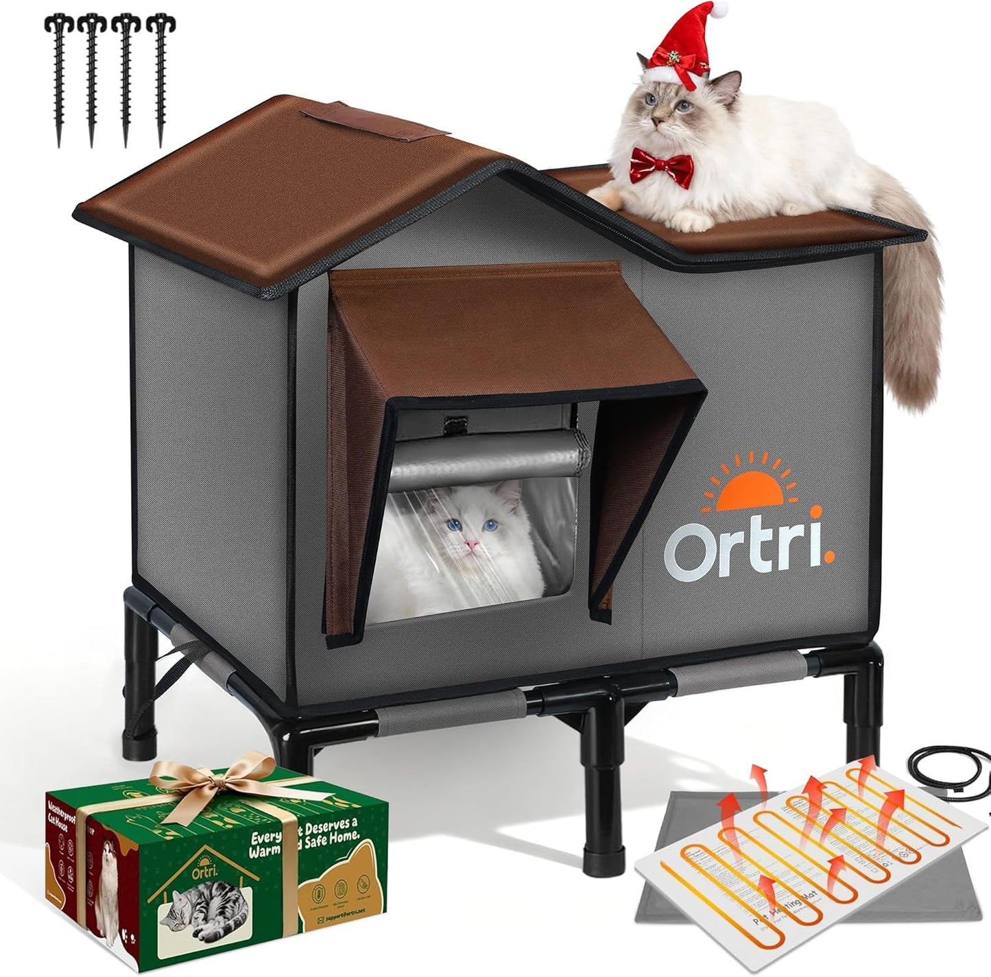 Outdoor Heated Cat House for Outside: Winter Insulated Weatherproof 20"×14.3"×20.5" Shelter with Heating Pad for Feral Kitty Foldable Out Door Elevated Warm Pet Bed with Extra Large Warming Cathouse
