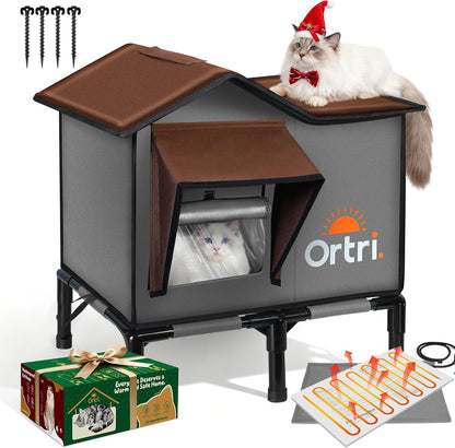 Outdoor Heated Cat House for Outside: Winter Insulated Weatherproof 20"×14.3"×20.5" Shelter with Heating Pad for Feral Kitty Foldable Out Door Elevated Warm Pet Bed with Extra Large Warming Cathouse