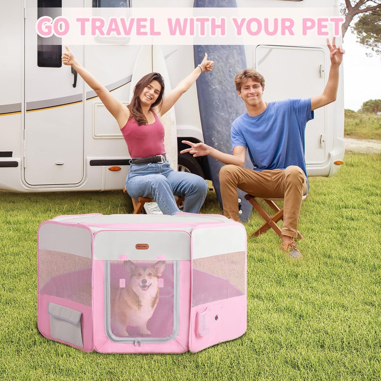 Dog Playpen, Portable Pet Play Pen Foldable Carrying Case, Puppy Pens Outsid for Small Cat Indoor/Outdoor, Removable Mesh Shade Cover