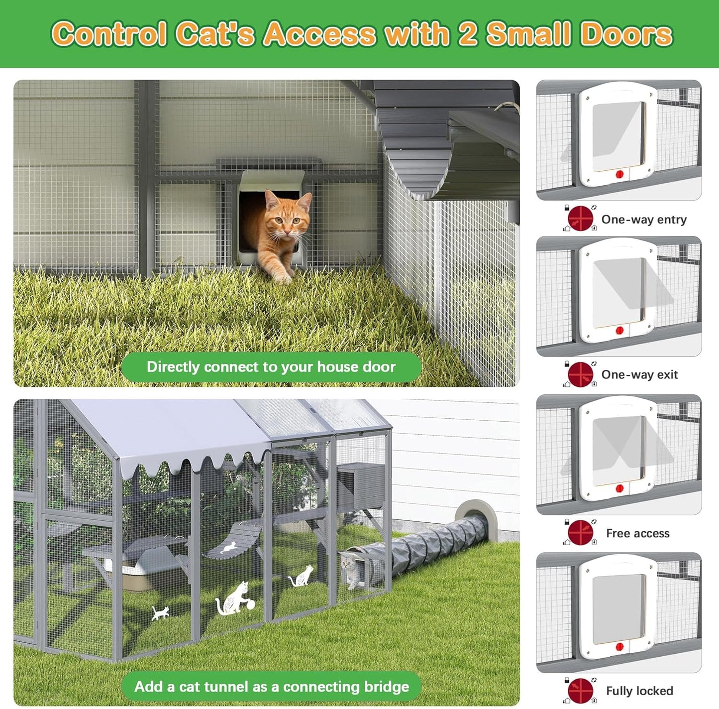 COZIWOW 110" Large Catio Outdoor Cat Enclosure, 53.5ft² Cat Run for Multiple Pets with Fully-Coverd Roof, Window Walk-in Wooden Outside Cattery Feral Kitty House (Modern Grey)