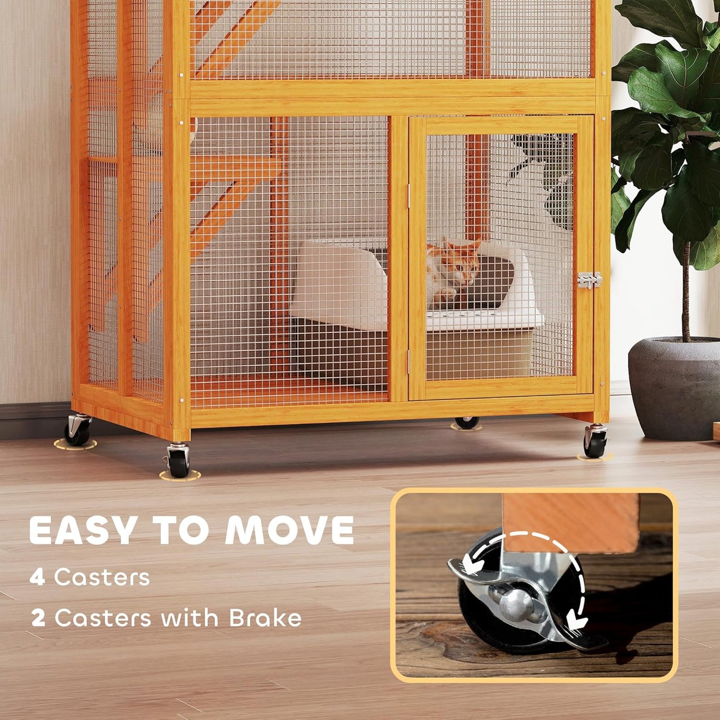 PawHut 74" Wooden Catio Outdoor Cat Enclosure Weatherproof & Wheeled, Outside Cat House with High Weight Capacity, Kitten Cage Condo, Orange