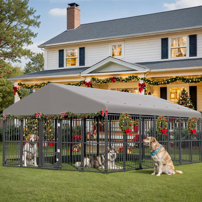 10x14FT Outdoor Dog Kennel, Heavy Duty Dog Run Enclosure with Feeding Door, Large Outside Dog Kennel with Roof & Double Locks for Pets House