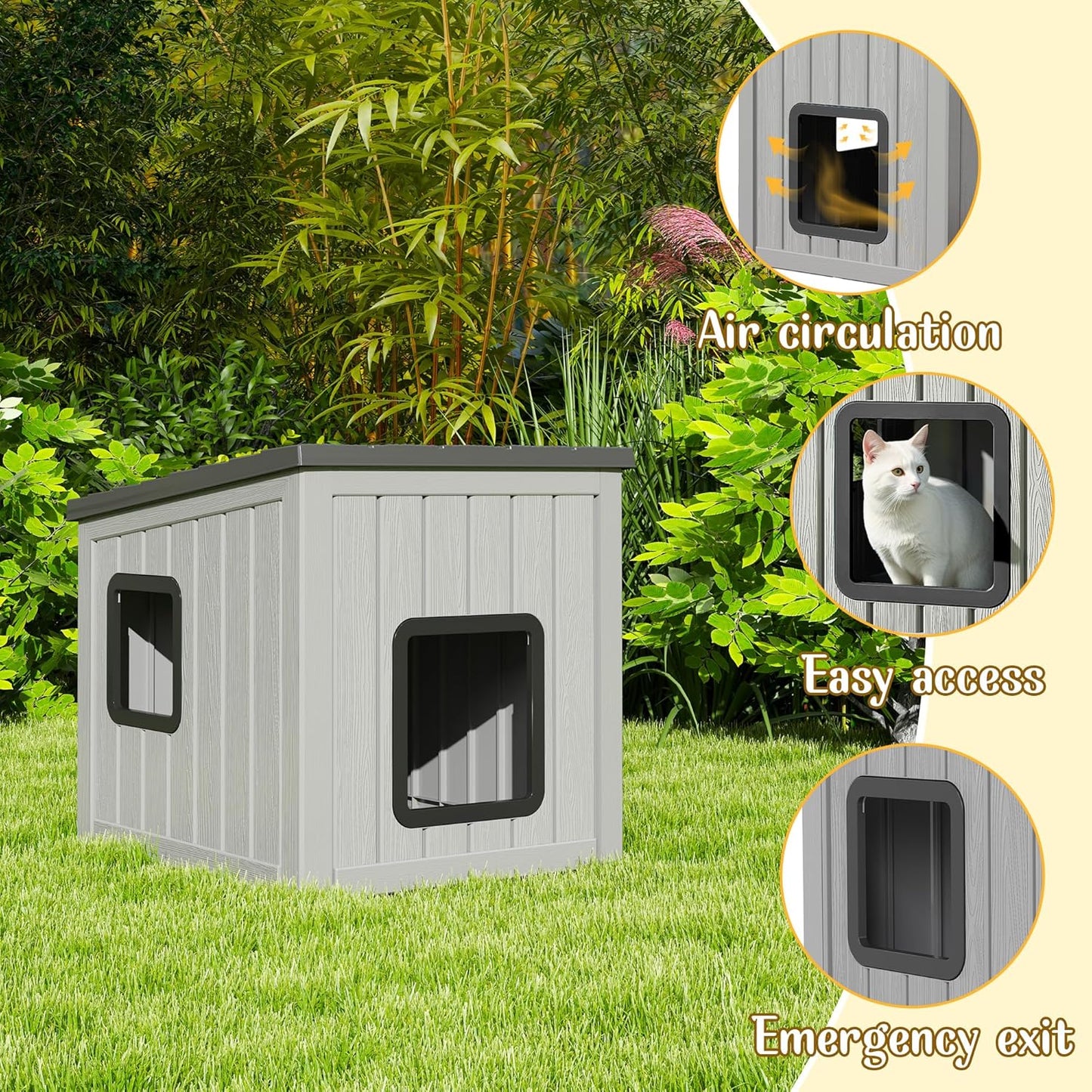 KAMABOKO Outdoor Cat Shelter Weatherproof PP Plastic Cat House for Winter, Insulated Cat Condo for Feral and Outdoor Cats with Waterproof Flat Base for Porch, Backyard, Black