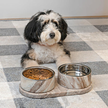 DBL1000E Marbre Small/Medium Modern Weighted Double Marble and Stainless Steel Bowl 12oz (1.5 Cups) Feeder with Non-Slip Marble Tray Set, Gray/Brown