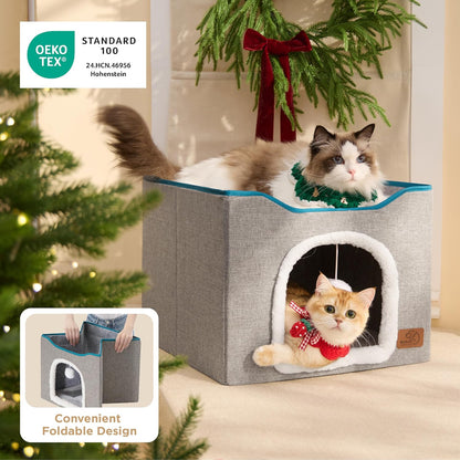 Bedsure Cat Beds for Indoor Cats - Large Cat Cave for Pet Cat House with Fluffy Ball Hanging and Scratch Pad, Foldable Cat Hideaway, 16.5x16.5x13 inches, Grey