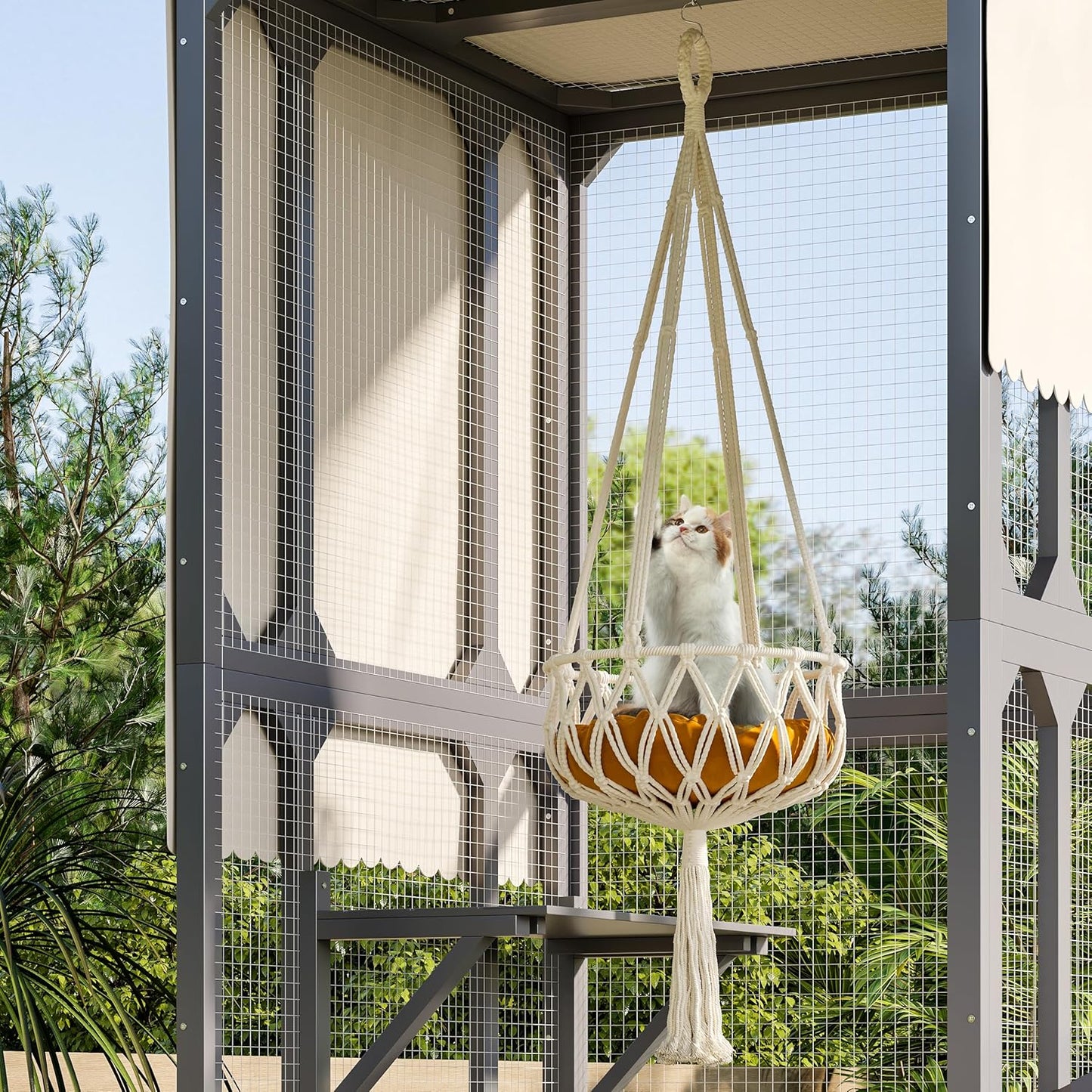 77.25" Large Cat Catio 4 Tiers Cat Enclosure for Outdoor, Cat House with Weatherproof Roof, Platforms,Resting Rooms and Doors for Multiple Cats, Gray