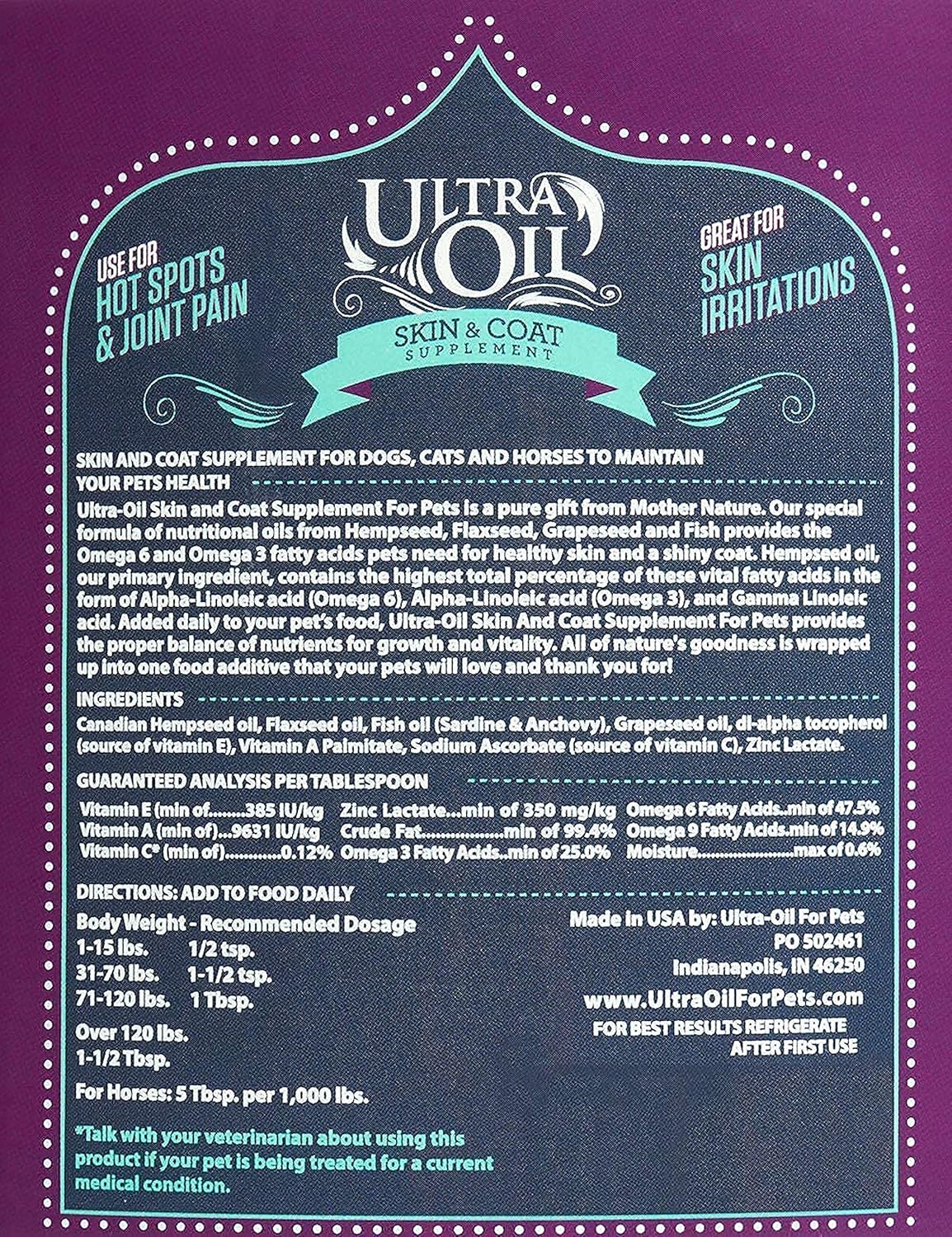 Ultra Oil Skin and Coat Supplement for Dogs & Cats - Hemp Seed Oil, Flaxseed Oil, Grape Seed Oil, Fish Oil for Relief from Dry Itchy Skin, Dandruff, and Allergies (8oz)