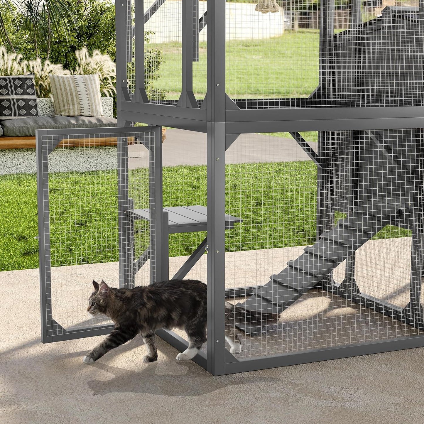 77.25" Large Cat Catio 4 Tiers Cat Enclosure for Outdoor, Cat House with Weatherproof Roof, Platforms,Resting Rooms and Doors for Multiple Cats, Gray