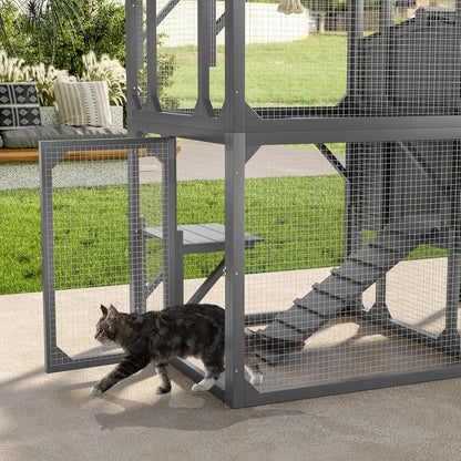 77.25" Large Cat Catio 4 Tiers Cat Enclosure for Outdoor, Cat House with Weatherproof Roof, Platforms,Resting Rooms and Doors for Multiple Cats, Gray
