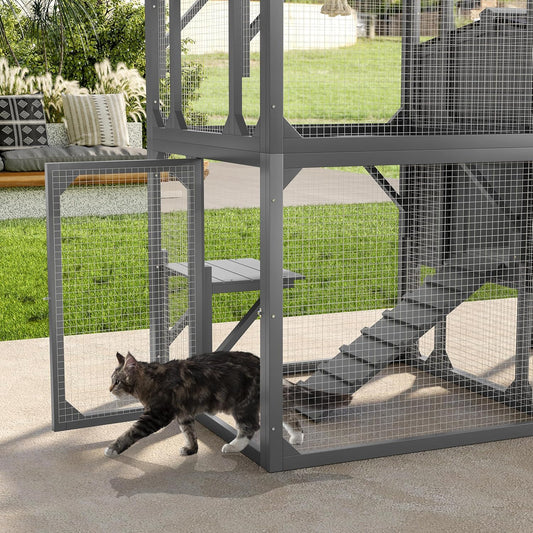 77.25" Large Cat Catio 4 Tiers Cat Enclosure for Outdoor, Cat House with Weatherproof Roof, Platforms,Resting Rooms and Doors for Multiple Cats, Gray
