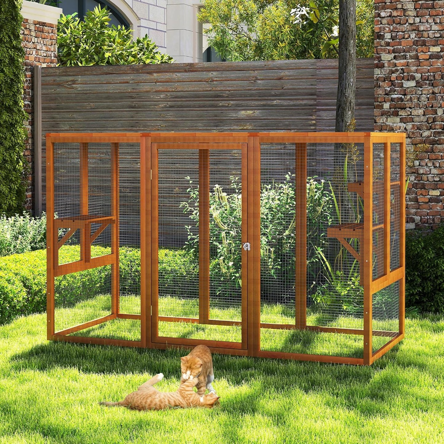 Catio Outdoor Cat Enclosure, 71" Large Weatherproof Catios with Cedar Wood Frame for cat Patio, Heavy Duty Outdoor Cat Condo & Cage, Indoor cattio for Cats (Orange-Red, Large)