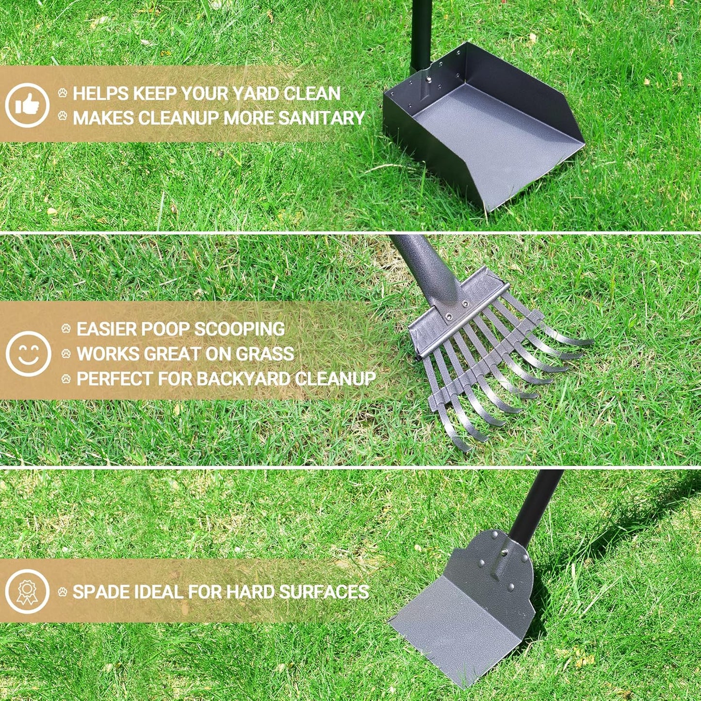 Heeyoo Dog Pooper Scooper, Dog Poop Tray and Rake Set, Pet Waste Removal Scoop with Long Adjustable Sectional Stainless Handles