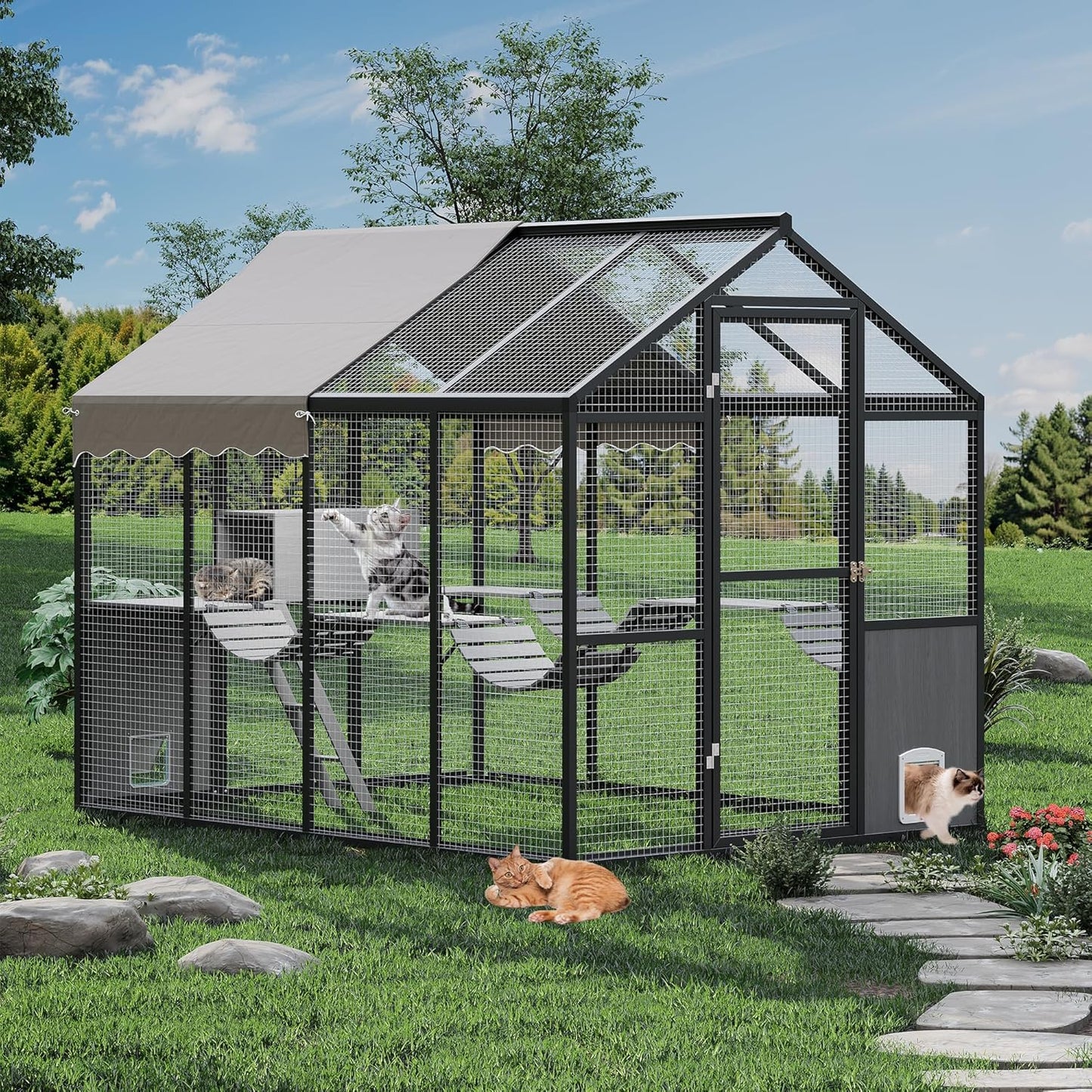 Aluminum Outdoor Cat Enclosure with Weatherproof Roof, Extra Large Catio with Channels, Side Door, UV Proof Cover, Huge Condo, Platform, Walk-in Large Outdoor Catio for Multiple Cats