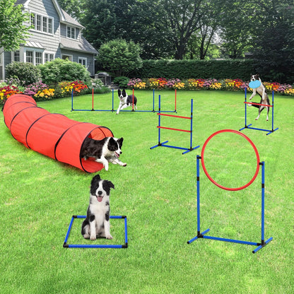 DWVO Dog Agility Accessories Kit: Comprises of a Teaser Pole, 2 Hurdles, 3 Flying Discs, 6 Weaving Poles, Agility Tunnel, Pause Box, Full Set of Agility Equipment for Backyard Indoors Outdoors