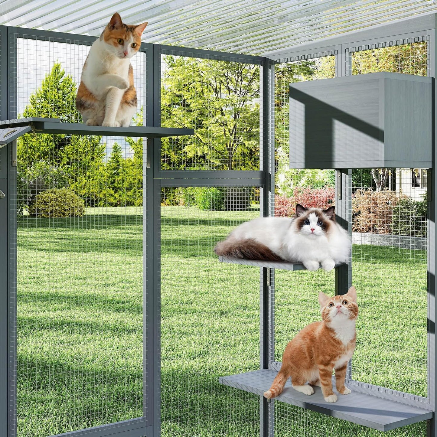COZIWOW Catio Outdoor Cat Enclosure Window, 104" Wooden Large Catio Outside Cattery for Multiple Cats with Sloped Waterproof Cover, Grey