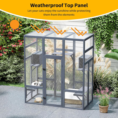 COZIWOW Large 70inches Outdoor Catio, Indoor Cat Cage House with Waterproof Roof, 5 Perches & 2 Condos, Spacious Wooden Cat Enclosure for 2-3 Cats, Stable & Breathable (Grey)