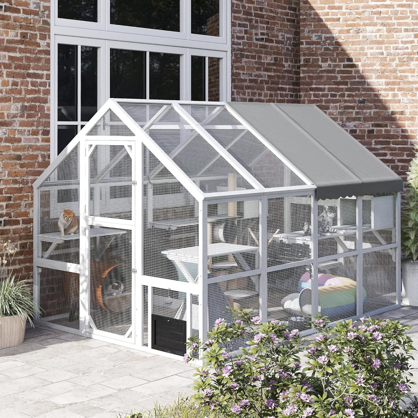 PawHut 110" L Large Catio Outdoor Cat Enclosure for Multiple Kittens, 56 sq.ft Wooden Cat House with Waterproof Cover, Walk in Kitty Cage Kennel with 2 Condos, 6 Platforms, Bridge, Doors, White