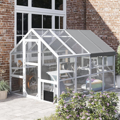 PawHut 110" L Large Catio Outdoor Cat Enclosure for Multiple Kittens, 56 sq.ft Wooden Cat House with Waterproof Cover, Walk in Kitty Cage Kennel with 2 Condos, 6 Platforms, Bridge, Doors, White