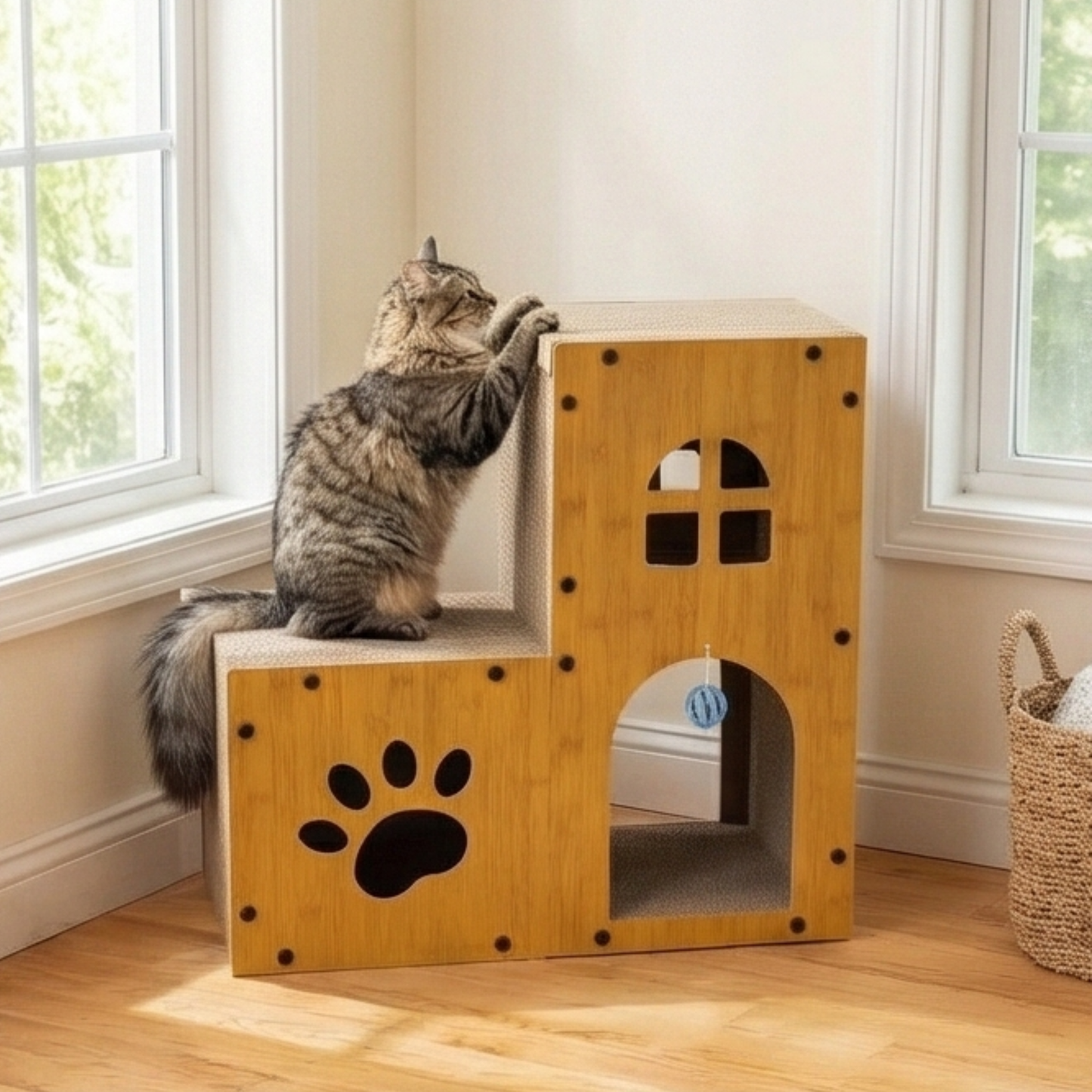 Modern Large Cat Condo: Handmade Wood Cat House Multi-Level Hideaway Pet Furniture