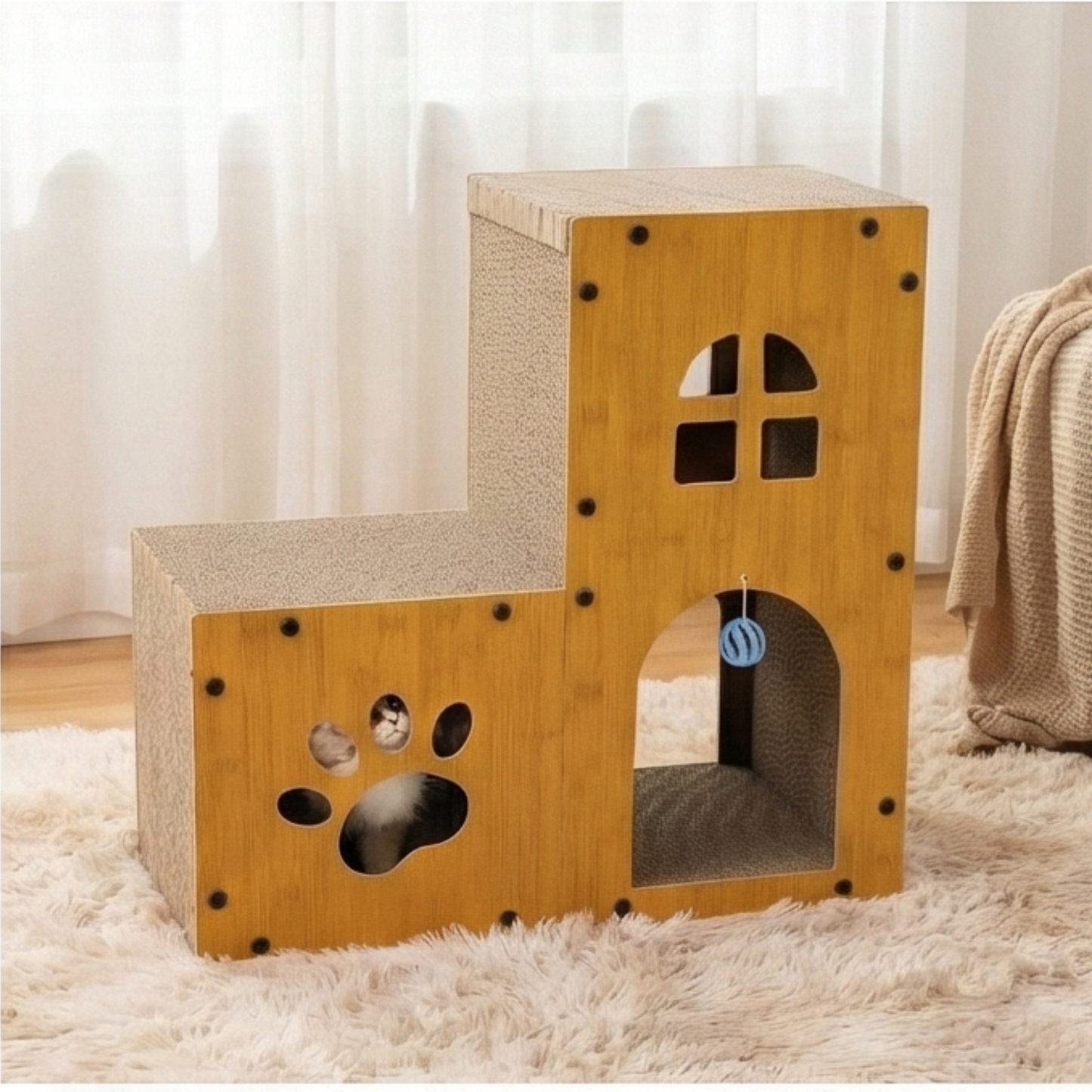 Modern Large Cat Condo: Handmade Wood Cat House Multi-Level Hideaway Pet Furniture