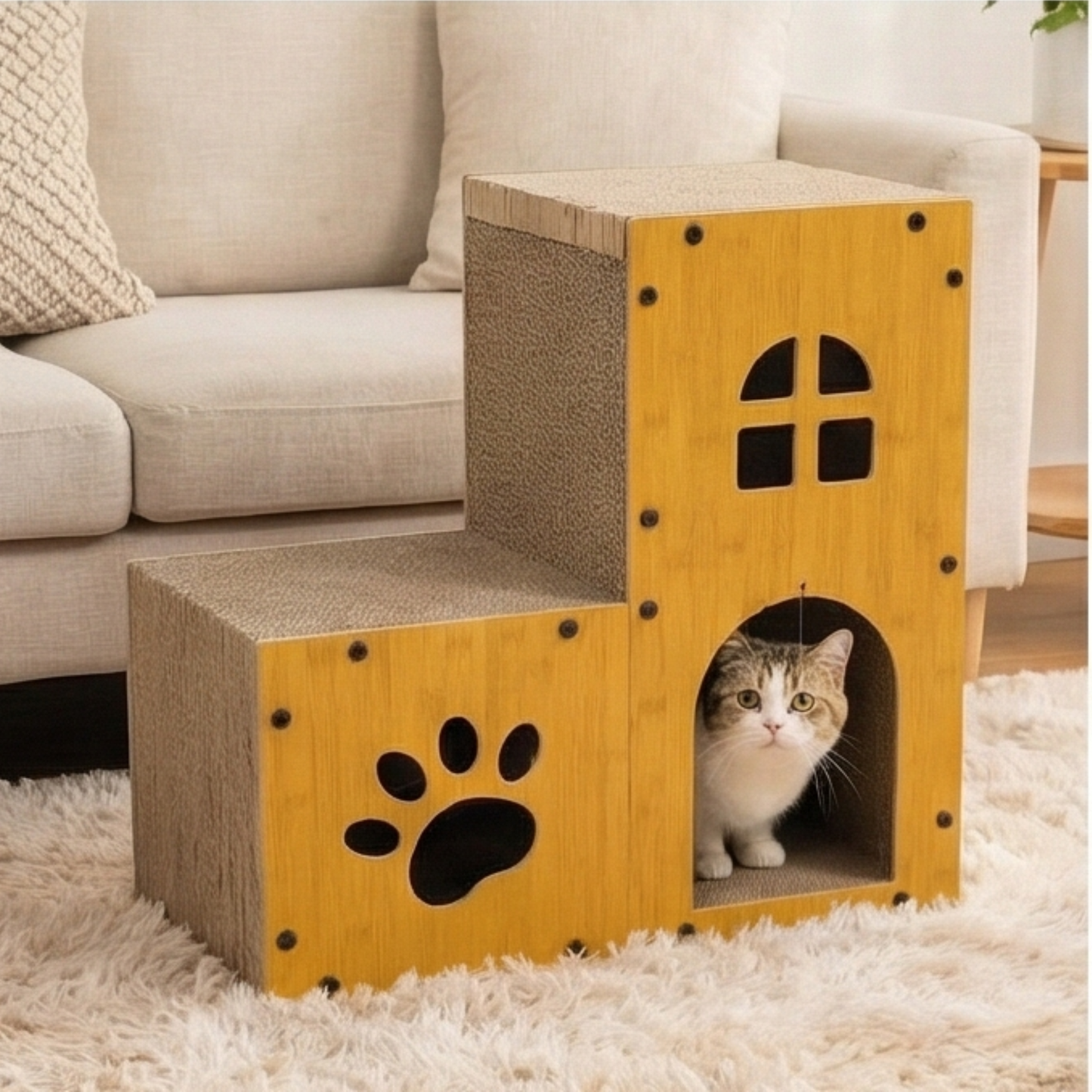 Modern Large Cat Condo: Handmade Wood Cat House Multi-Level Hideaway Pet Furniture